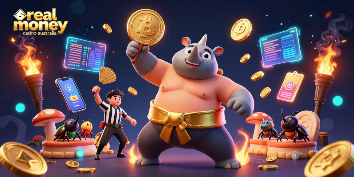 Experience the excitement of real money casino australia with vibrant coins and a lively scene showcasing unique characters.