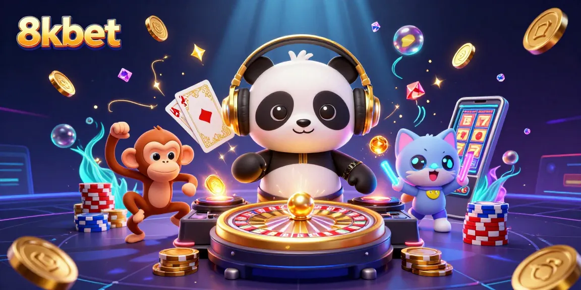 Experience thrilling gaming action with 8kbet as DJ panda spins while coins rain down.