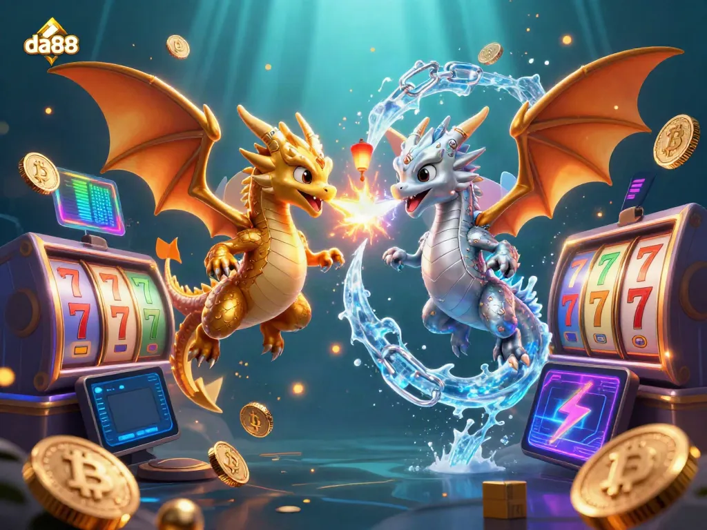 Experience the diverse games at da88 with dynamic 3D dragons symbolizing jackpots and crypto.