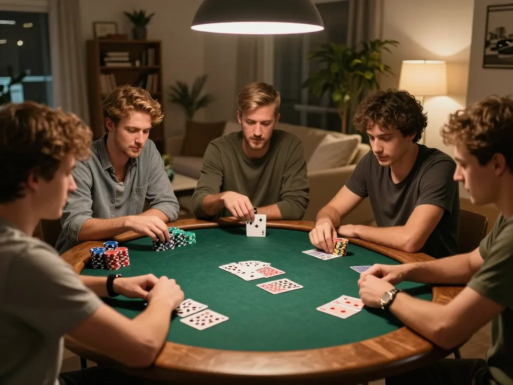 Friends playing poker in a cozy home setting, focusing on strategy and enjoying MM 88 games.