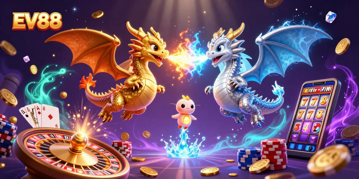 Experience the thrill of EV88's casino adventures with dynamic dragons and sparkling treasures.