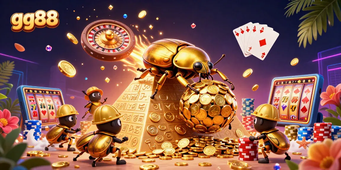 Enjoy thrilling moments with gg88 as golden beetles roll coins in a vibrant casino landscape.