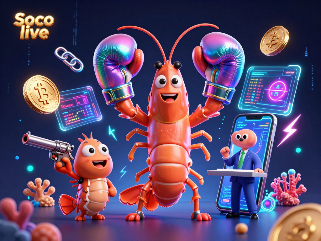 Soco live showcases an exciting casino adventure with vibrant shrimp characters and glowing crypto elements.