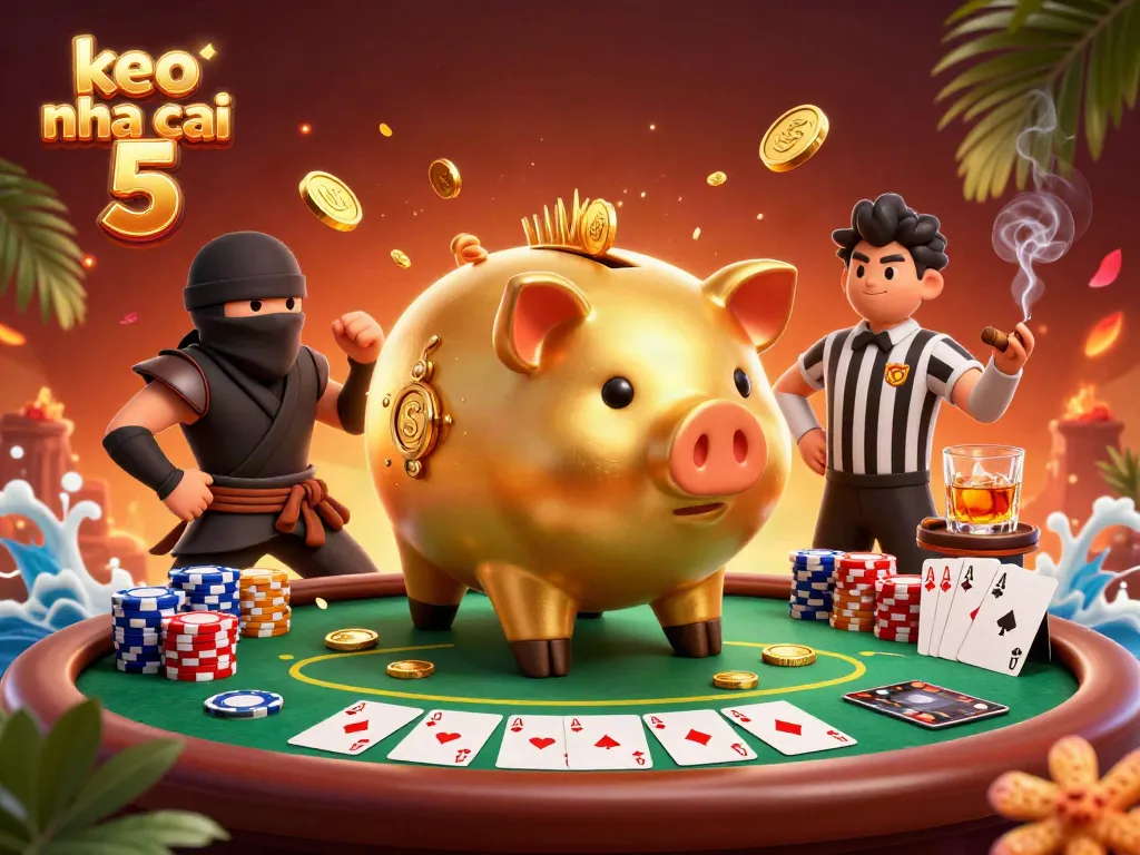 Experience thrilling action in keo nha cai 5 with our colorful casino illustration showcasing dynamic characters and poker elements.