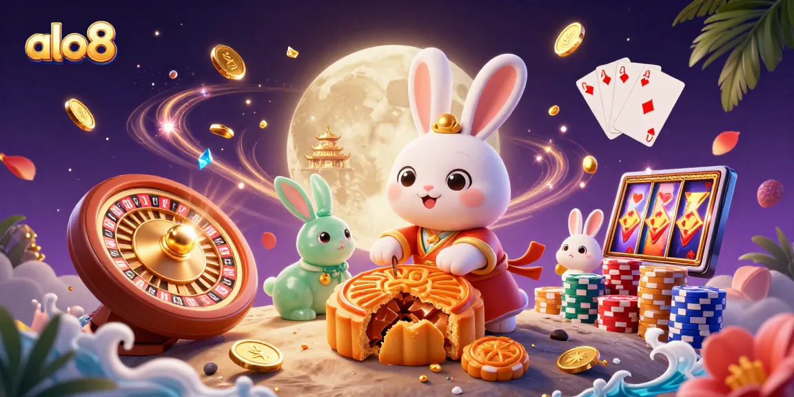 Experience the excitement of alo8 with the moon rabbit revealing poker chips and dynamic casino elements.