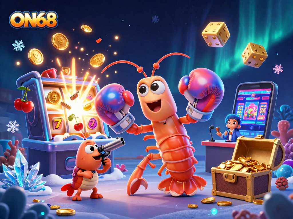 Join the fun at ON68 with a dynamic scene showcasing vibrant casino action and a thrilling jackpot explosion.