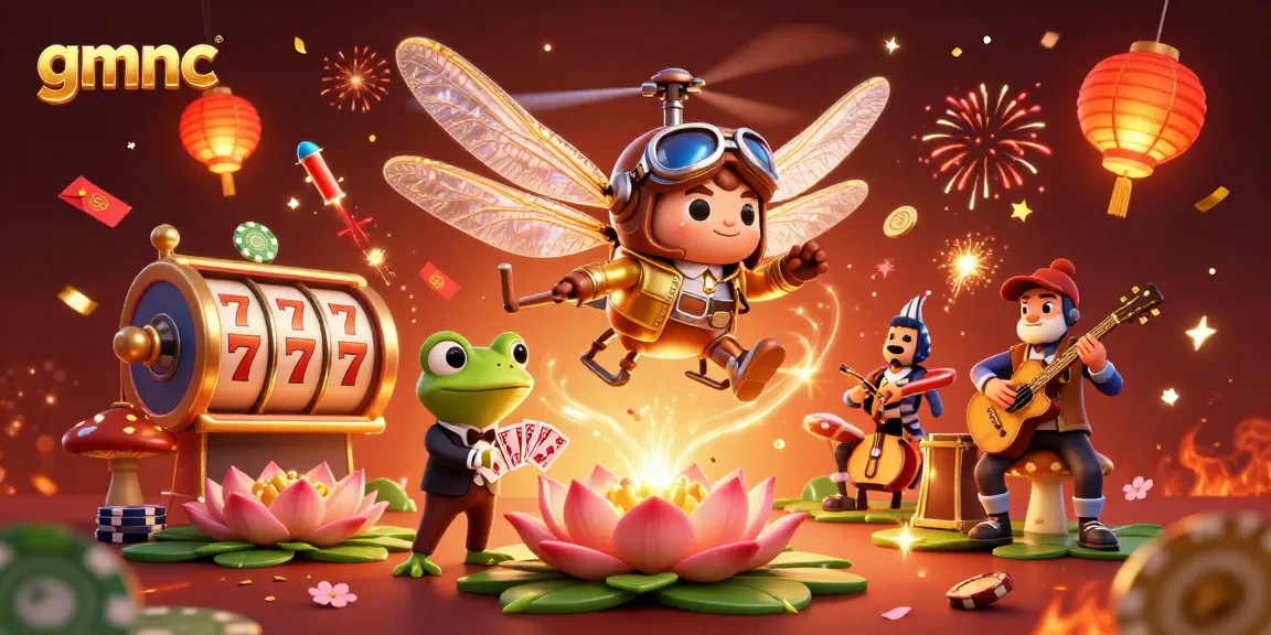 Experience thrilling gameplay with gmnc as a helicopter dragonfly pilot hovers over a vibrant lily pad casino scene.
