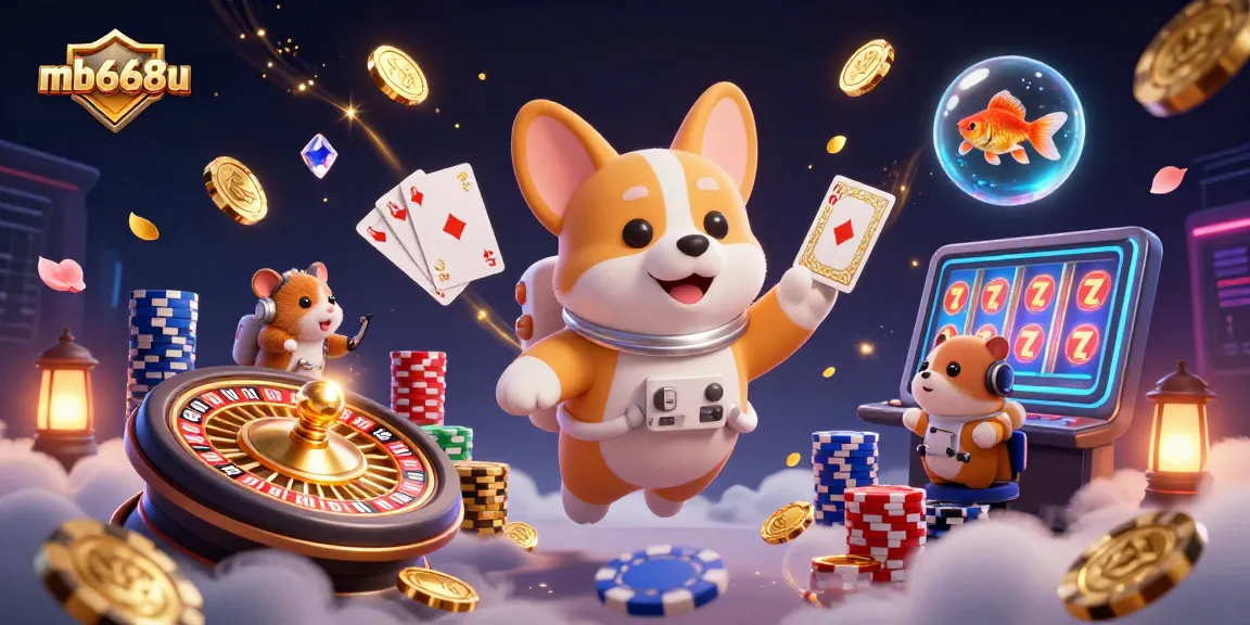 Experience the thrilling casino adventure at mb668u, with an astronaut corgi in zero gravity and vibrant slot machine icons.