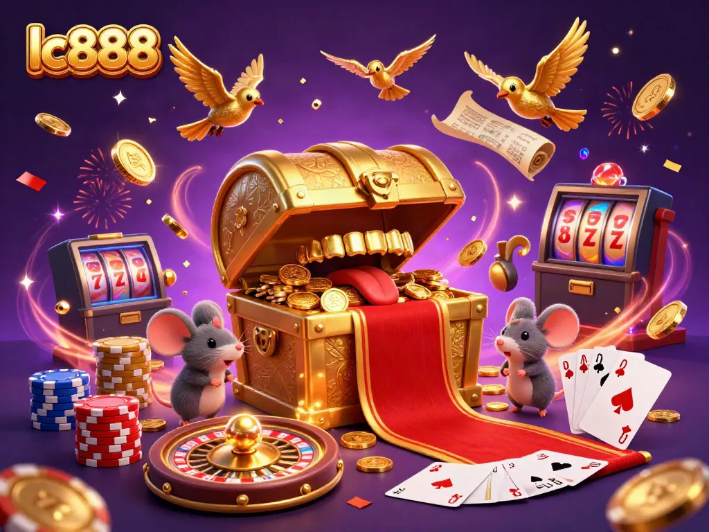 Engage with lc888's exciting treasures and casino elements in a vibrant 3D scene.