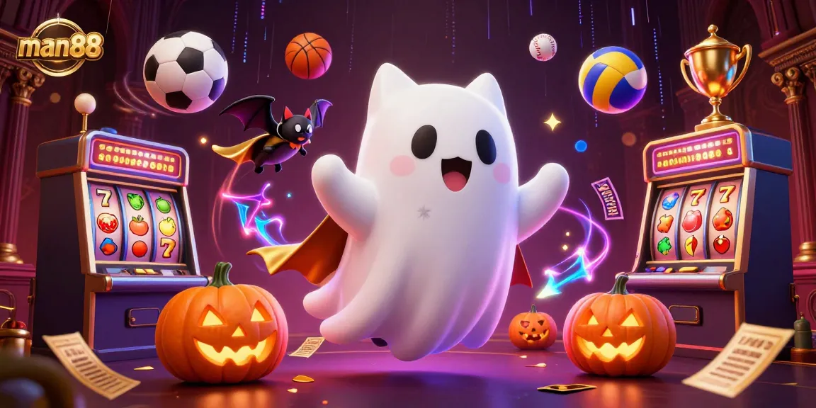man88 showcases an enchanting casino scene featuring ghostly characters amidst vibrant gambling symbols.