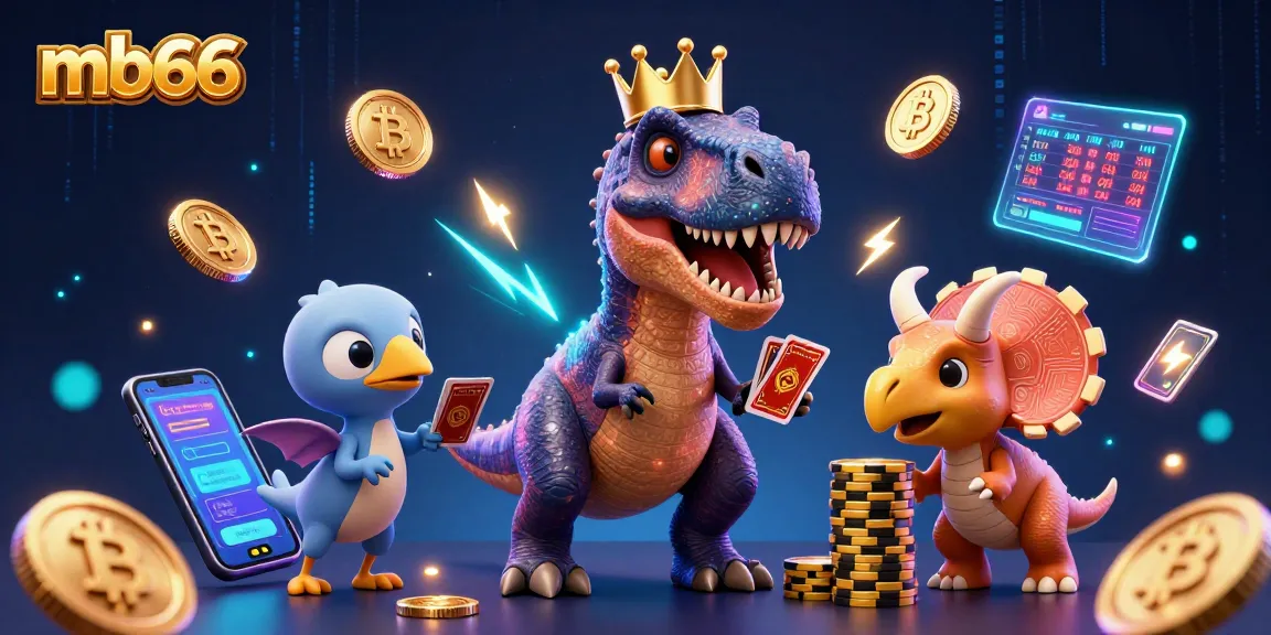 mb66 engaging players in a colorful casino scene with a T-Rex shuffling cards and vibrant cryptocurrency elements.