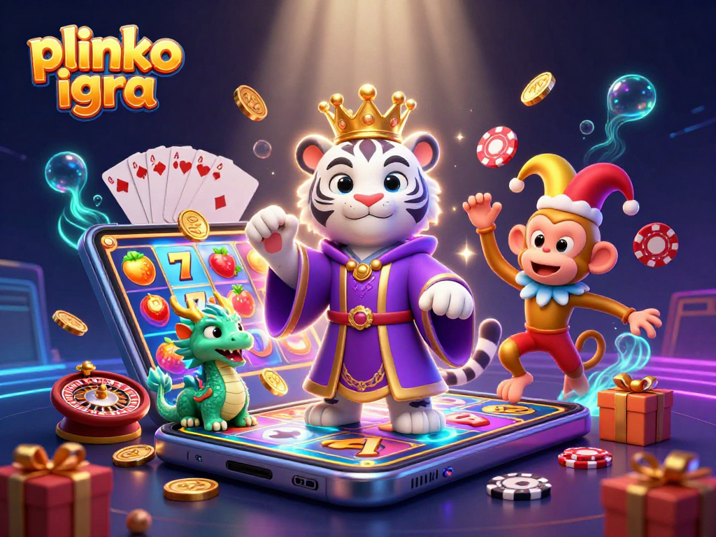 Plinko igra: elegantni tiger in purpurnih haljah s svetlečimi žetoni in igrami