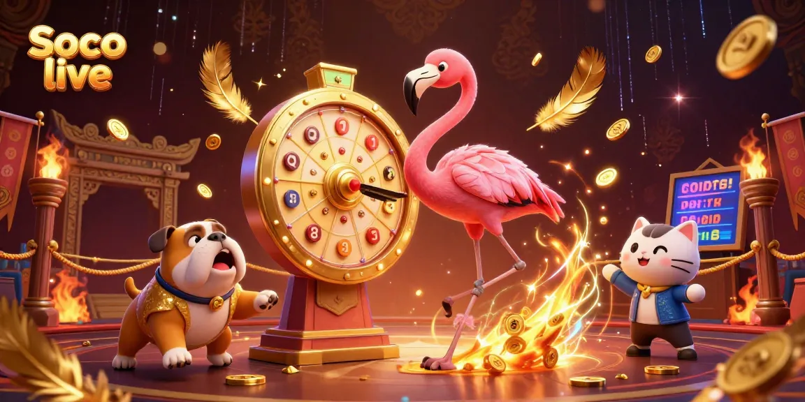 Soco live engages players with vibrant 3D illustration of a flamingo host, bulldog contestant, and cat assistant in a dynamic casino setup.