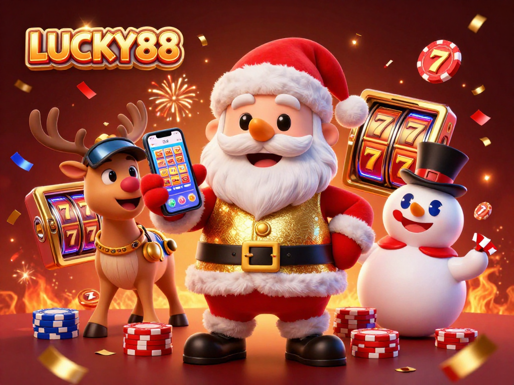 Witness LUCKY88's exciting jackpot scene with Santa Claus celebrating wins in a glittering casino!