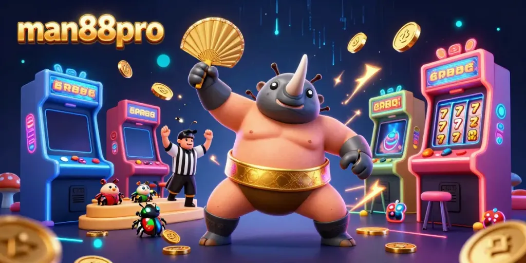 Experience high-stakes action at man88pro as a rhinoceros beetle champion stomps gold coins while vibrant casino elements engage spectators.