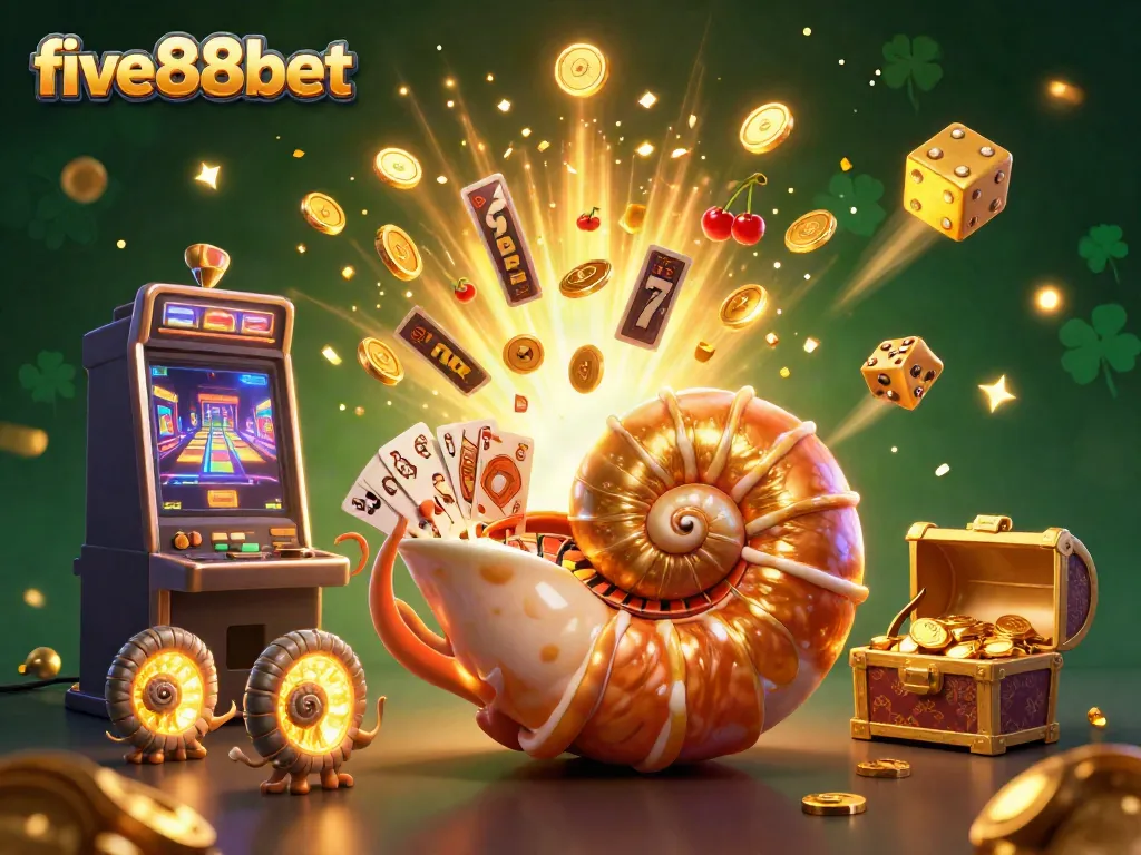 Experience the thrill of five88bet with a vibrant 3D casino scene featuring a glowing nautilus roulette wheel and dynamic slot machine jackpot.