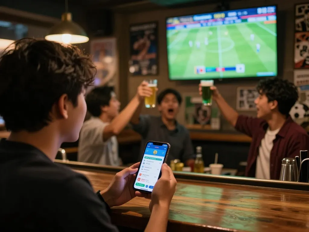 Engaging sports betting experience with Keo nha cai app in a lively bar atmosphere.