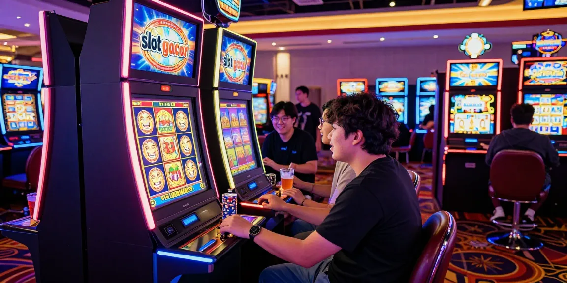 Excited player winning at a slot gacor machine in a lively casino atmosphere.