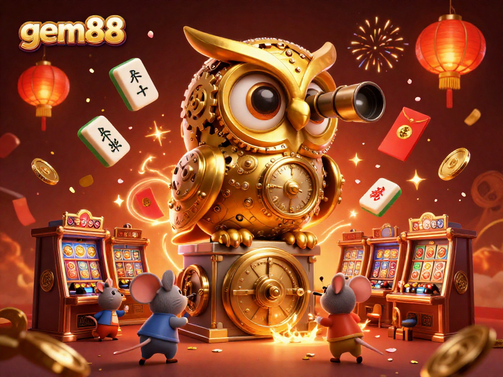 Experience the thrill of gem88 while the golden owl oversees a lively casino scene.