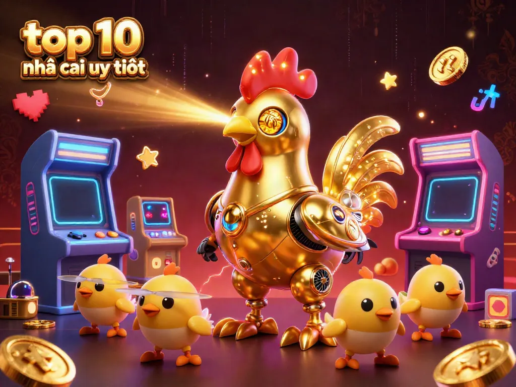 Engage with the top 10 nhà cái uy tín showing lively characters in a dynamic casino setting filled with arcade elements.