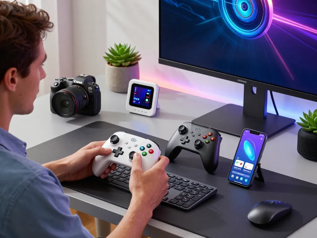 Explore innovative tech gadgets in a modern workspace featuring Bluetooth gaming controllers, smart devices, and wellness tech.