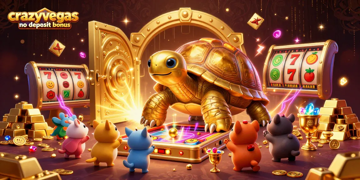 Experience the fun of crazyvegas no deposit bonus with a colossal golden tortoise gaming scene packed with jewels and treasures.