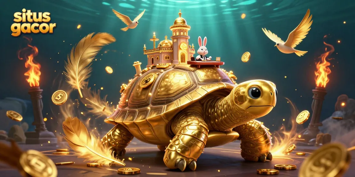 Engage with situs gacor through a vibrant 3D casino scene featuring a golden tortoise and a rabbit dealer.