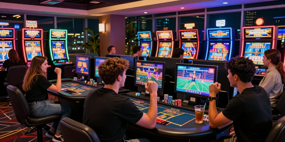 Aufregendes Gameplay in einem Paysafe Card Casino mit Freunden, die Gewinne feiern, und lebhaften Spielautomaten.
