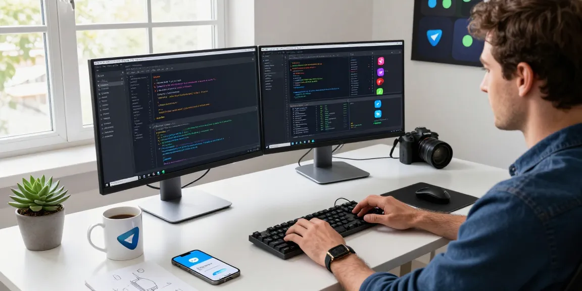 Download Telegram with a developer optimizing the app in a bright tech workspace, showcasing innovation and engagement.
