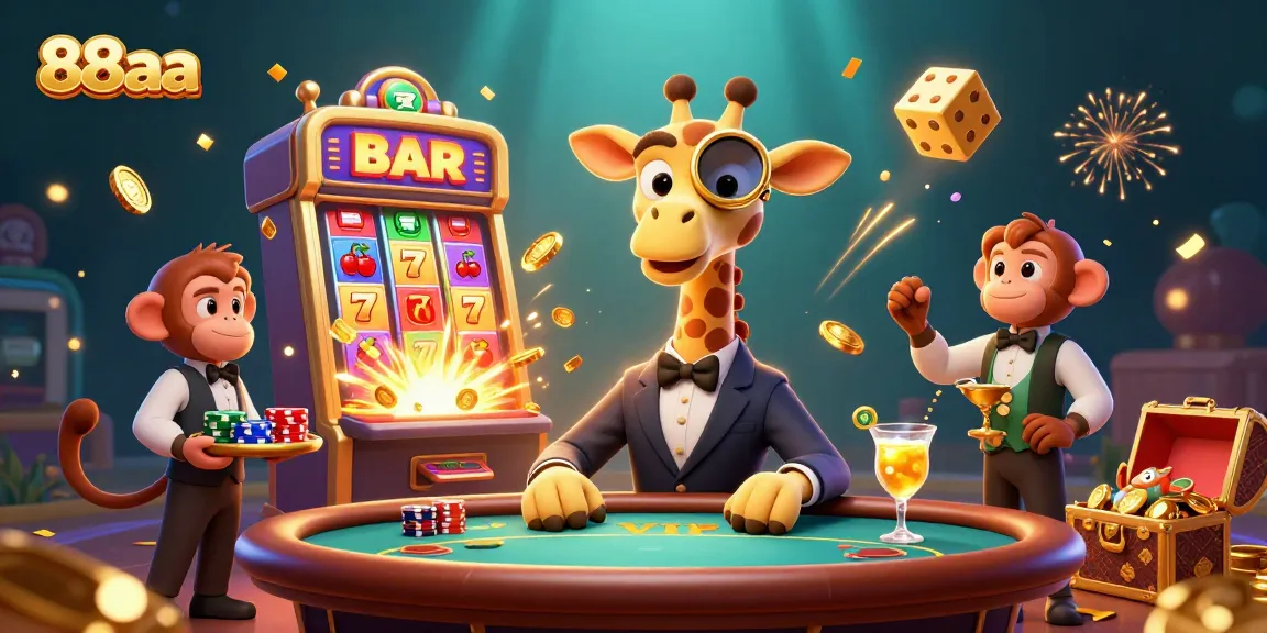 Experience excitement at 88aa with a high-roller giraffe and casino elements showcasing games and jackpots.