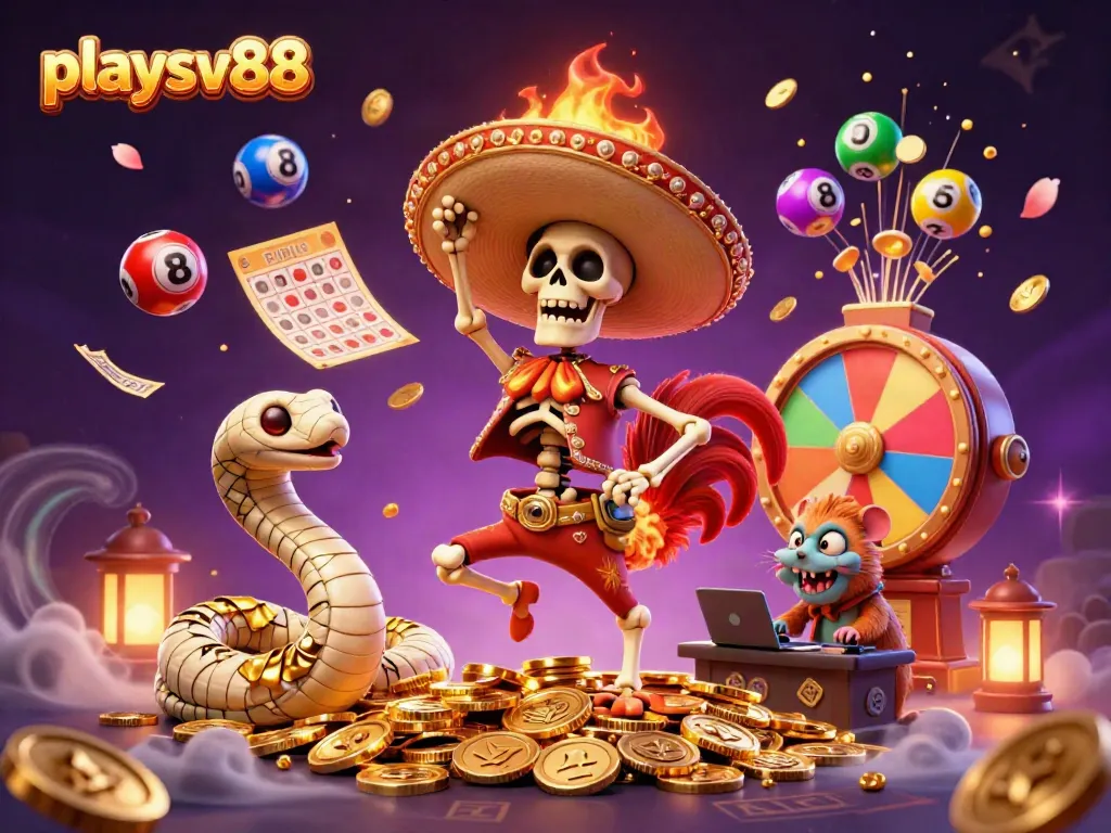 Join the fun with playsv88 as a mariachi rooster celebrates amidst golden coins and lively casino elements.