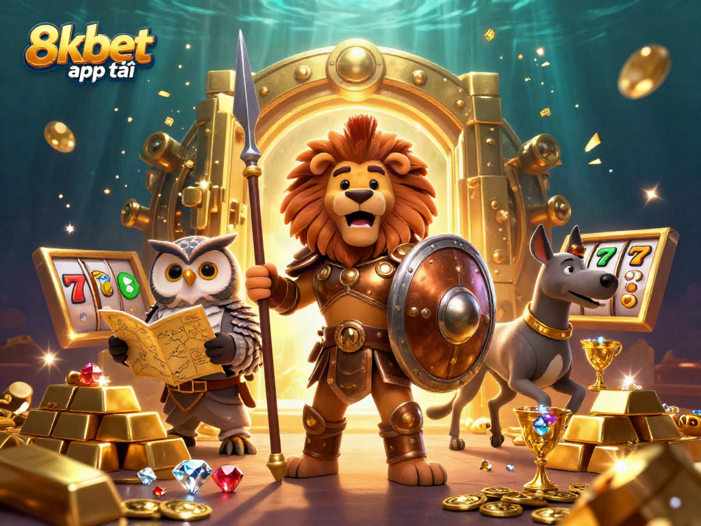 Experience the excitement of the 8xbet app tải with a dynamic 3D casino scene featuring a Spartan lion surrounded by treasure.