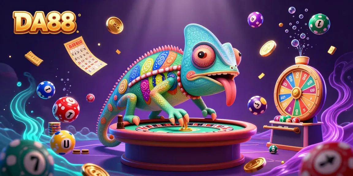 Engage with DA88's vibrant 3D casino world featuring a colorful chameleon and dynamic prizes.