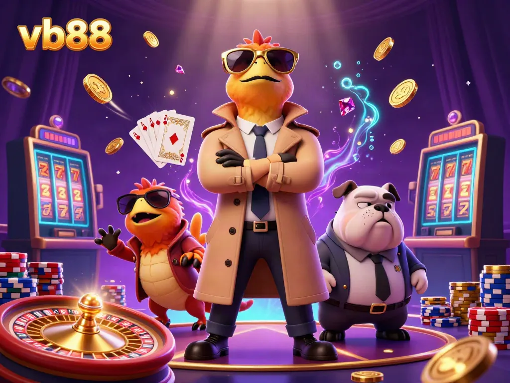 Experience vb88's thrilling casino scene with raptors and vibrant gaming elements for players