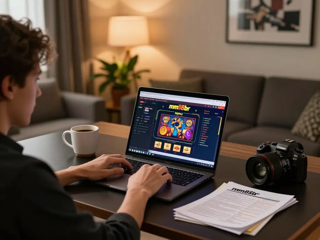 Player engaging with mm88br online casino interface on laptop during a cozy gaming session.