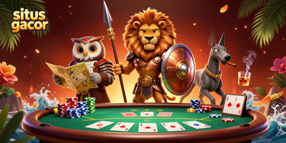 Situs gacor illustrates an epic poker scene with Spartan lion, tactical owl, and swift greyhound