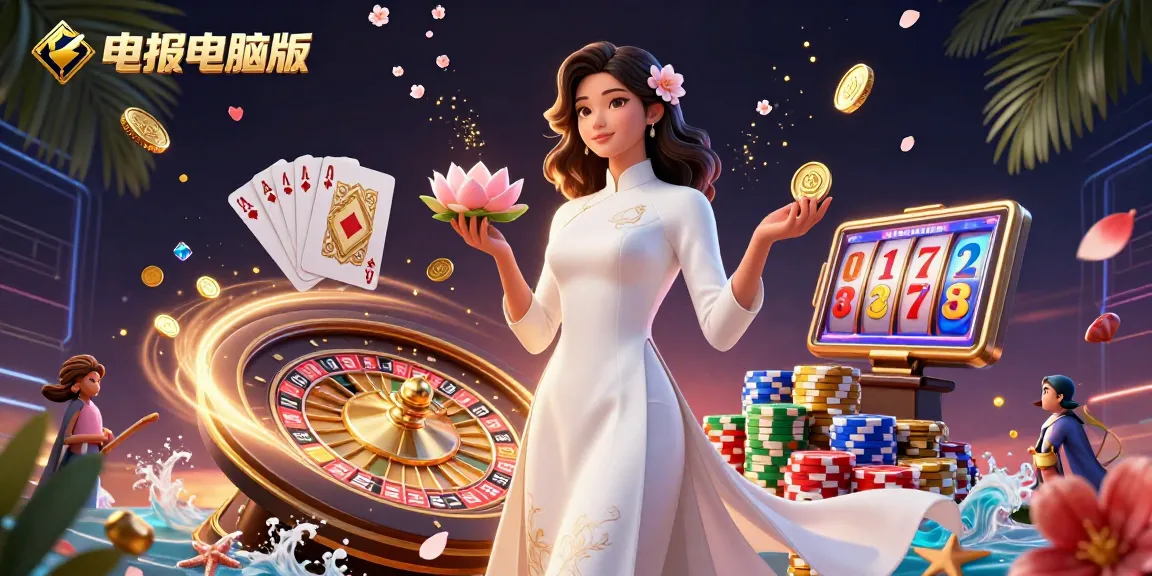 与电报电脑版互动，展示优雅的游戏玩法，搭配金色硬币、鲜艳的扑克牌筹码和老虎机转轴。