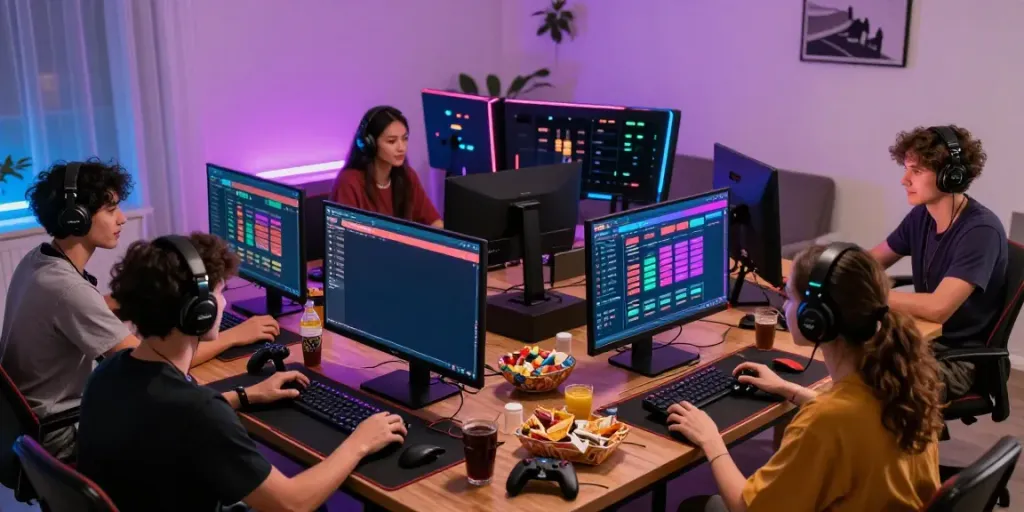 Group enjoying online gaming at FIVE88, showcasing vibrant interface and lively atmosphere.