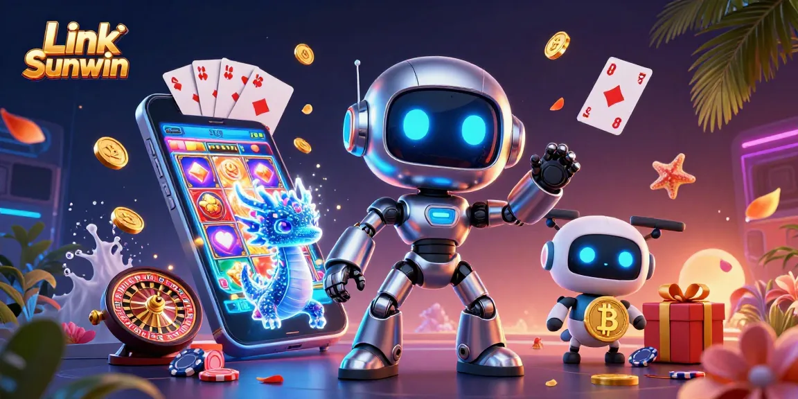 Play and win with Link Sunwin, featuring a vibrant 3D illustration of a cyberpunk robot and gaming elements.