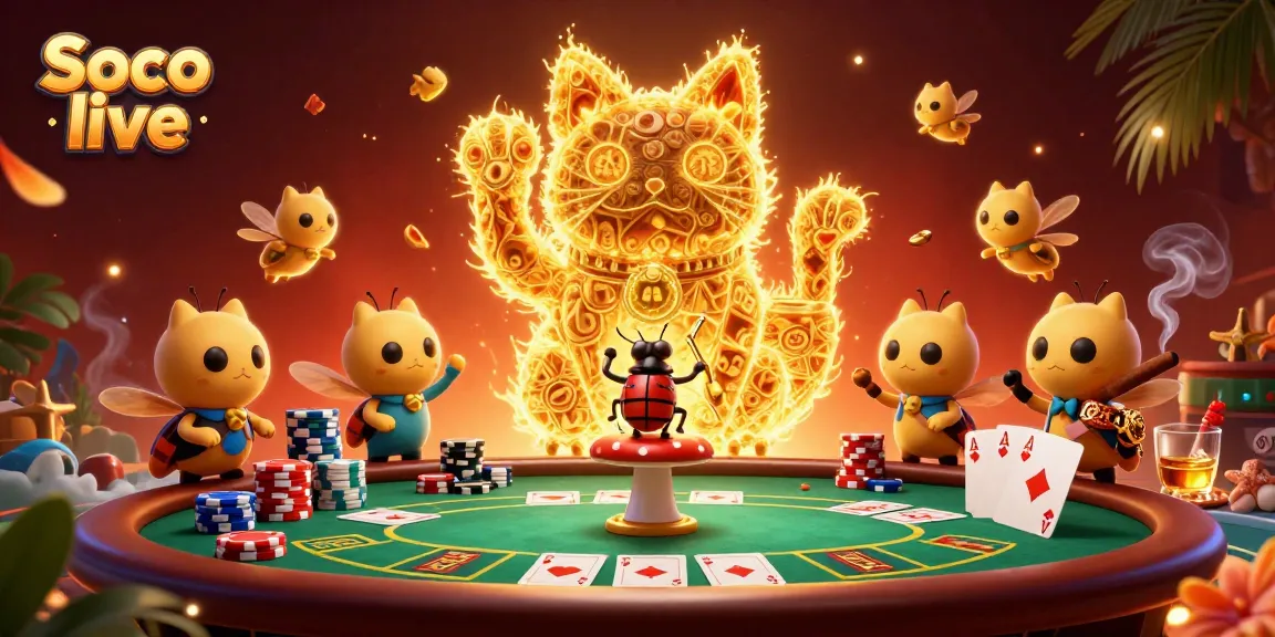 Engage in the excitement of Soco live with a vibrant, dynamic illustration showcasing a lucky cat and poker elements.