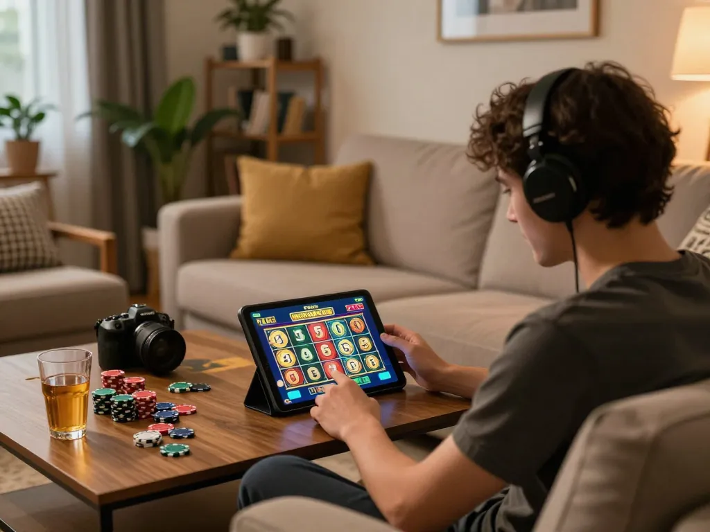 Player enjoying an exciting slot pulsa game on a tablet in a cozy home setting