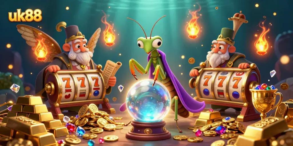 Experience the vibrant world of uk88 with a mystical fortune teller and dazzling treasures at a colorful casino.