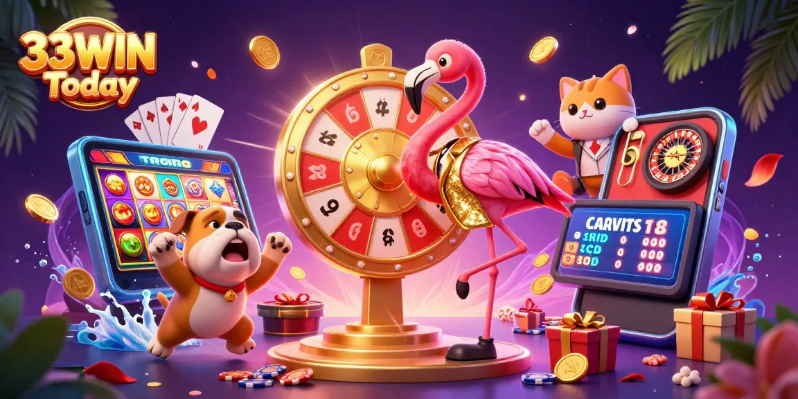 Spin the golden prize wheel with excitement at 33WIN Today featuring a vibrant game show atmosphere.