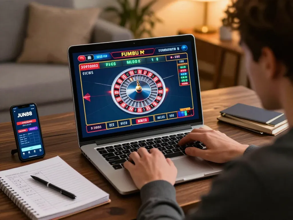 Player enjoying a JUN88 online roulette game on a laptop, surrounded by personal betting strategy notes.