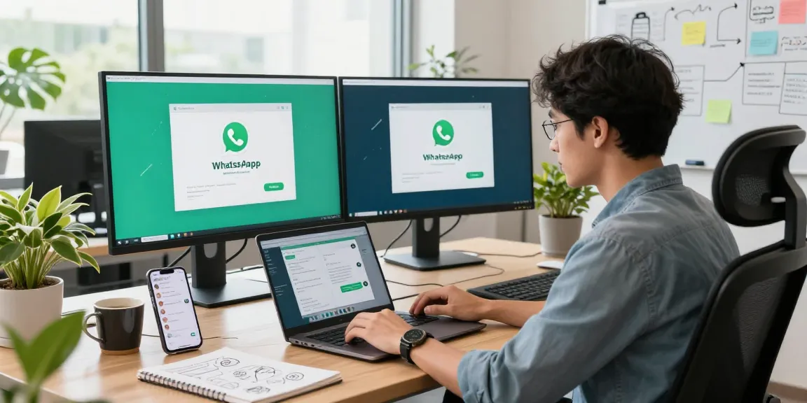 Using WhatsApp網頁版 on a modern workstation with dual monitors and a smartphone.