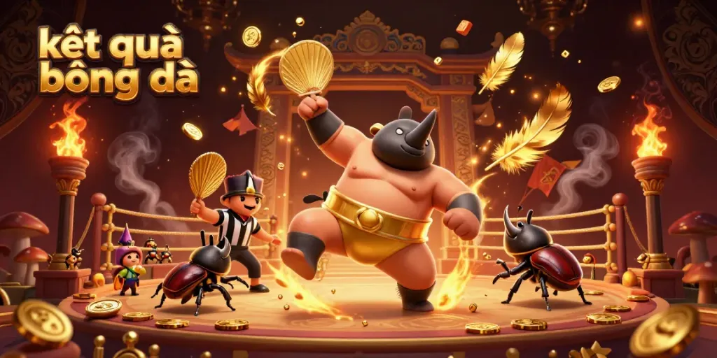 Experience kết quả bóng đá with a dynamic scene featuring a beetle champion and cricket referee in a lively betting arena.