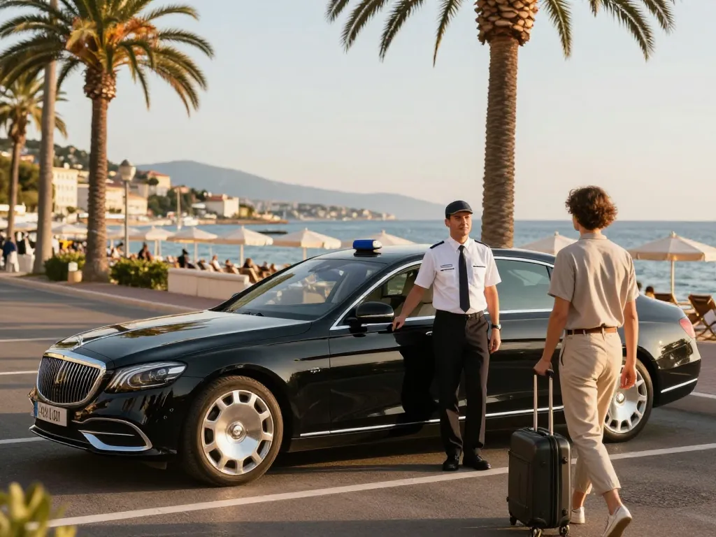 Service de taxi St Tropez de luxe avec un chauffeur professionnel et une vue côtière.