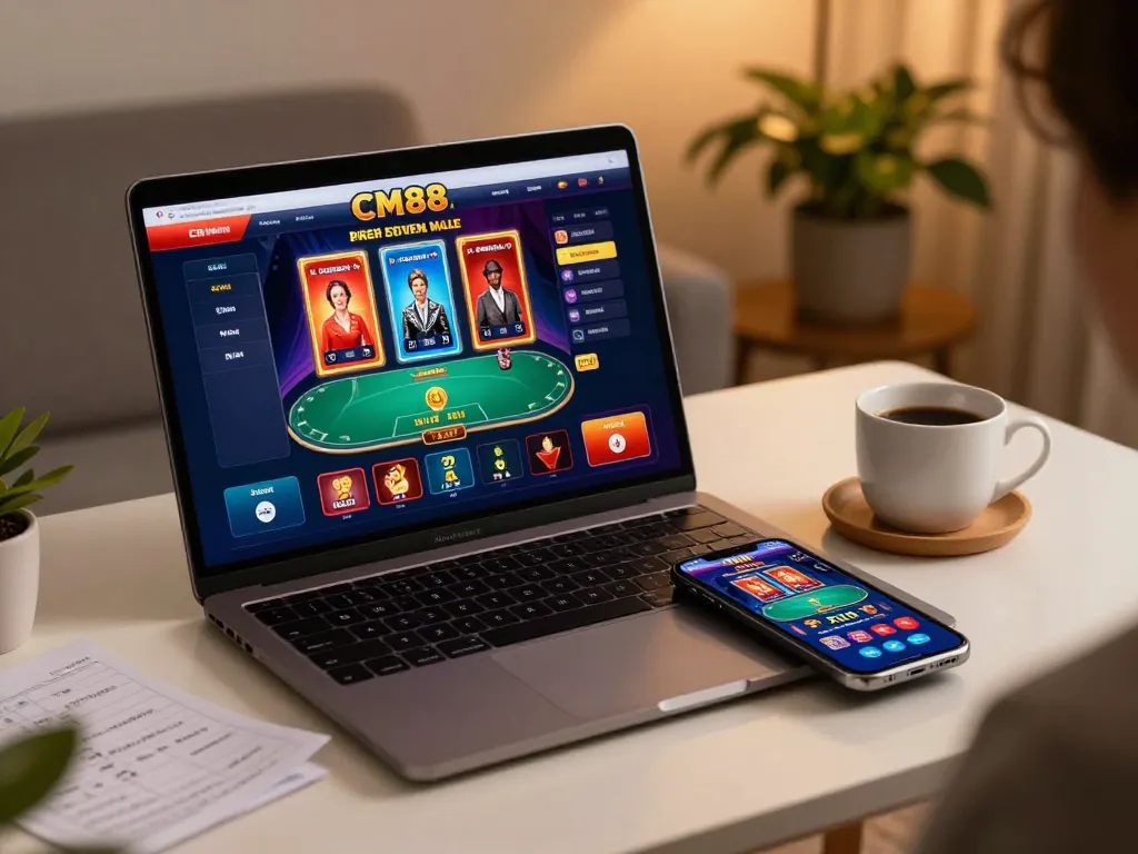 Engaged player using CM88 for online gaming on a laptop and smartphone, showcasing strategic gameplay.