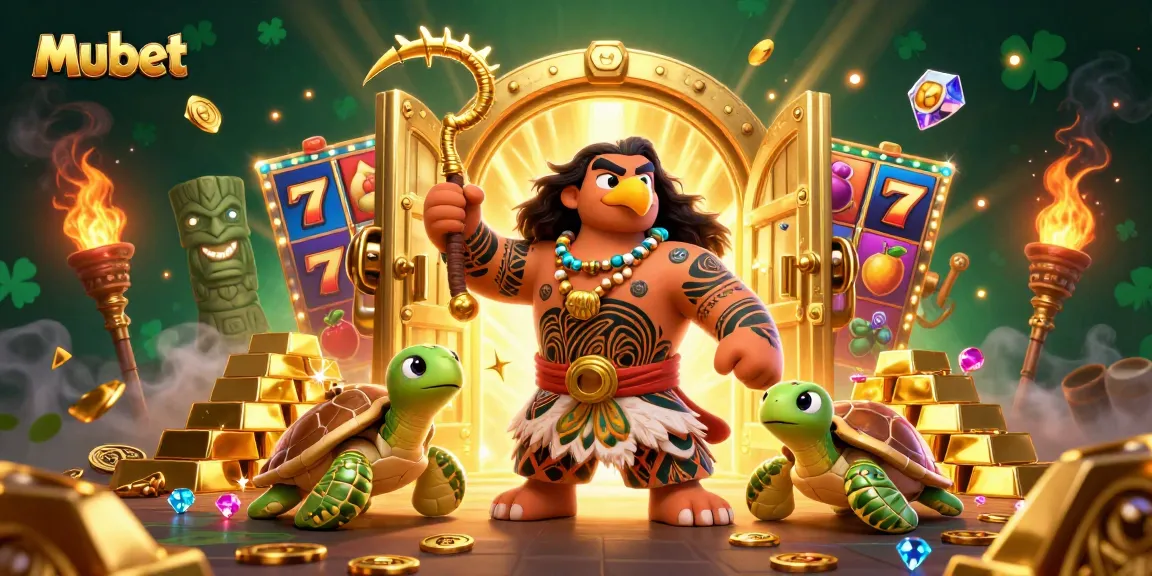 Mubet showcases thrilling casino gaming with 3D characters, vibrant slot elements, and golden treasures in this captivating illustration.