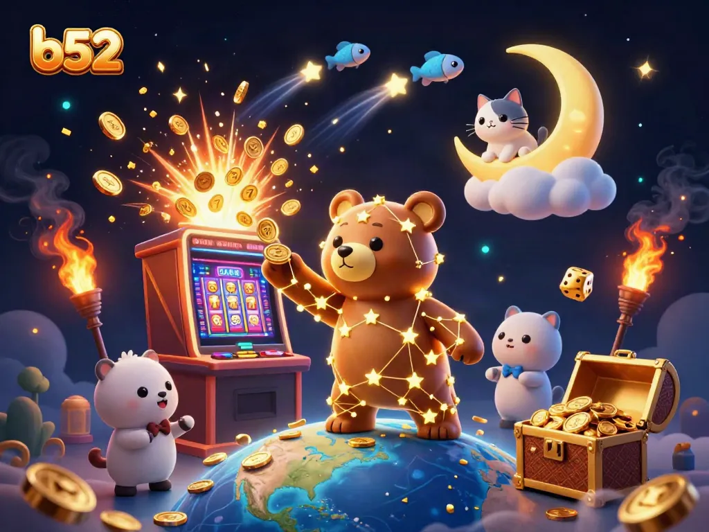Engage in thrilling B52 casino action with a colorful, vibrant illustration of golden stars and jackpot excitement.